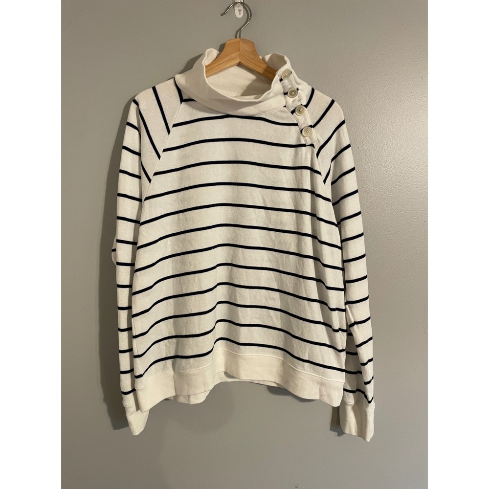 J.Crew Sweatshirt Womens XL White Navy Striped Button Funnel Neck Preppy